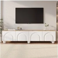 Merax Lowboard mit 6 Kugelfuß-Metallbeinen, in Weiß und Holzoptik (1 St., 180×40×45cm), TV-Schrank mit 4 Türen, eleganten Türnuten & großem Stauraum