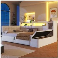 Merax Daybett mit LED Lichtleiste, USB, Typ-C & Bettkasten, Samt (Schlafsofa Sofabett Jugendbett Kinderbett Doppelbett, 1 tlg), Tagesbett 140x200cm mit hydraulischem Stauraum,Ablagefach,Stauraumbank