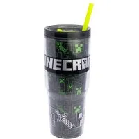 Minecraft Trinkflasche Trinkbecher mit Strohhalm und Henkel Doppelwandig 860 ml, Auslaufsicher