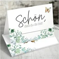 Funke & Brand Grußkarten 50x Schön, dass du da bist! Tischkarten Floral Butterfly Salbeigrün