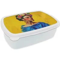 MuchoWow Lunchbox Frida Kahlo - Frau - Gelb - Blau - Blumen, Kunststoff, (2-tlg), Brotdose Schule oder Arbeit, Brotbox für Kinder und Erwachsene