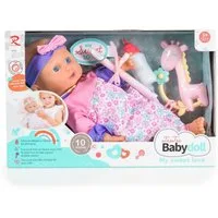 Moni Anziehpuppe Kinderpuppe 36 cm spricht, macht Geräusche Flasche Rassel Softpuppe Kleidung