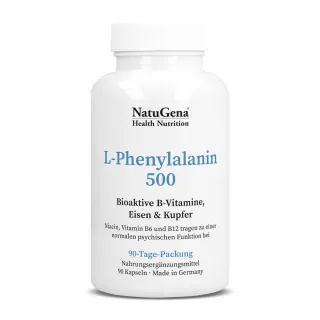 NatuGena L-Phenylalanin 500 | 90 Kapseln | mit Eisen, Kupfer, bioaktiven B-Vitaminen und gepuffertem Vitamin C | vegan