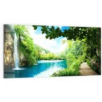 DEQORI Glasbild 'Wasserfall im grünen Wald', 'Wasserfall im grünen Wald', Glas Wandbild Bild schwebend modern