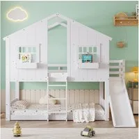 Merax Etagenbett (1-St., Hochbett Stockbett Hausbett), Kiefer Kinderbett 90x200cm mit Rutsche Dach Fenster Fallschutz Leiter