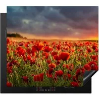 MuchoWow Herd-Abdeckplatte Sonnenuntergang - Mohnblumen - Rot - Blumen - Feld - Natur, Vinyl, (1 tlg), Küche Herdabdeckplatte Ceranfeld Vinyl Einteilig, 59x52 cm