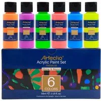 Artecho Acrylfarbe Neon & Glow Farben – 6 x 59 ml / 8 x 20 ml – für Anfänger & Profis, Leuchtende Neonfarben unter Schwarzlicht & dezenter Glow-Effekt