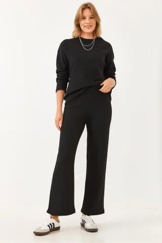 Rippenstruktur Crew-Neck Pullover und Hose Set