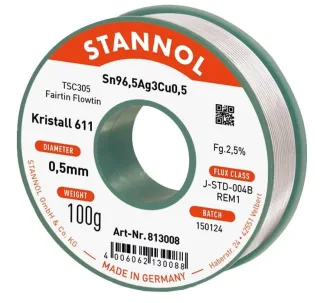 STANNOL Lötzinn Kristall 611, TSC305, Sn96,5Ag3,0Cu0,5, Fairtin Flowtin, 0,5 mm, 100 g