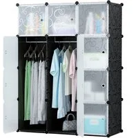 Home Collective Kleiderschrank Modular, Kombischrank, Steckregal, 3kg Kammerkapazität 6 Regalen und 2 Kleiderstangen, Polypropylenplatten, schwarzes Muster