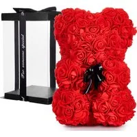 Kunstblume Rosenbär in Geschenkbox mit Schleife - Valentinstagsgeschenk Kunstblumenfigur, BRUBAKER, Höhe 25 cm, Rosen Bär, Blumen Teddy Geschenk Valentinstag, Rosen Teddybär