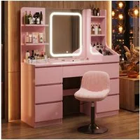 HOMALL Schminktisch Set aus Schminktisch und Hocker, mit LED-Beleuchtung (Maße: 110 x 40 x 139 cm, dimmbare Beleuchtung, inklusive Hocker und Schminktisch, mit 7 Schubladen und 8 offenen Fächern)