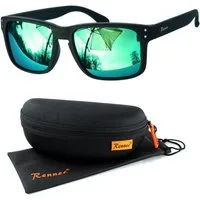 Rennec Sonnenbrille Herren Rechteckig Schwarz Matt Gläser Türkis Verspiegelt 3in2 Bügelgelenke, Hardcase, Rubber Haptik