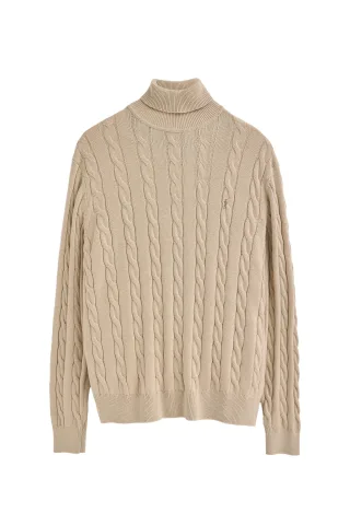 Rollkragenpullover beige aus Wollgemisch mit gestricktem Zopfmuster und gesticktem Rigby Go-Logo