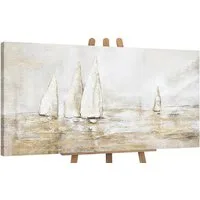 YS-Art Gemälde Sonnenblendung, Landschaftsbilder, Gold Segelboote Meer Wasser Leinwand Bild Handgemalt
