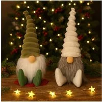 Online-Fuchs Dekofigur 2 süße Weihnachtswichtel mit Bart und Zipfelmütze - Weihnachtsdeko (Beige und Grün, 25 cm groß), charmantes Wichtel-Set im skandinavischen Stil