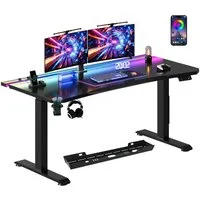 HOMALL Gamingtisch Höhenverstellbarer Schreibtisch, Gaming-Tisch mit RGB-LED-Beleuchtung (Maße: 160 × 70 cm, höhenverstellbarer Schreibtisch mit zwei Motoren, 4 voreingestellte Höhenstufen, 20 mm dicke Tischplatte in Kunstlederoptik, ausgestattet mit