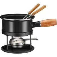 MÄSER Fonduetopf aus schwarzer Emaille, Edelstahl 18/0 (Set, 5-tlg), inkl. einem Rechaud, 2 Fonduegabeln und einem Brenner