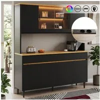 Flieks Küchenbuffet mit Arbeitsplatte in Holzoptik Eichefarbe, Steckdosen, LED-Beleuchtung (B160/T40/H185 cm, 1-St., Mehrzweckschrank mit USB-C- und USB-A-Anschlüssen) Hochschrank Küchenschrank mit Glas-Schiebetür, verstellbarer Ablagen