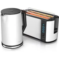 Arendo Frühstücks-Set (2-tlg), Edelstahl Wasserkocher 1,5l, 4-Scheiben Langschlitz Toaster, Weiß Matt