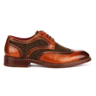 Justin Reess Herren beige Leder-Tweed-Brogue-Schuhe – Arlo