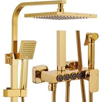 Oihpaw Duschsystem Multifunktionales Duschsystem in Gold: Rechteckiger Regenduschkopf, Handbrause, Badewannenarmatur und Bidet-Handbrause