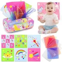 usrela Greifspielzeug Montessori Tücherbox Einhorn Sensorikspielzeug Baby mit Knistertüchern (Baby Sensorik Lernspielzeug Set mit Stoffbox und Tüchern, Montessori Tücherbox Einhorn mit 10 Tüchern und 3 Knistertüchern Set), Montessori Sensorikspielzeu