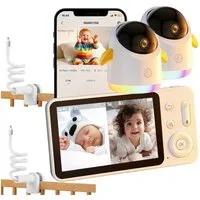 TWUFY Video-Babyphone 5,0 Zoll Babyphone mit 2 Kameras und APP Baby-Monitor mit Split-Screen, IR/RGB Nachtsicht, Weinen/Bewegungs/Geräuscherkennung, Alarme, Temperaturanzeige, LCD-Monitor (ohne WLAN) und mobiler App (WLAN erforderlich), Automatische 