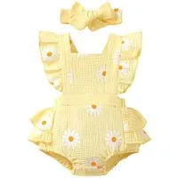 Gluckids Strampler Sommer Outfit für Babymädchen, Body mit Rüschen aus Baumwolle Haarband (Set, 2-tlg) mit Blumenmuster,Krabbelkleidung für Neugeborene, festliche Party