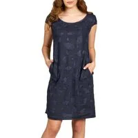 Caspar Sommerkleid SKL031 knielanges Damen Sommer Leinenkleid mit Ginko Blatt Stickmuster Luftig leicht, figurumspielende Form, mit seitlichem Jersey-Einsatz