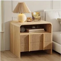 AMERLIFE Nachttisch Naturholzoptik, 2 Schubladen, Offenes Fach, 55x40x60cm (1-St), Abgerundetes Eckendesign, Einfache Montage