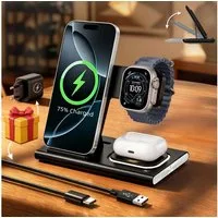 SWGOTA 2026 Ladestation Ladegerät Apple Samsung, 4 in 1 25W Induktive MagSafe Wireless Charger (4 in 1 iPhone Ladestation, 25W Wireless Charger, Qi 2.0 Schnellladung, Schnellladegerät für iPhone 8–17 Serie, Apple Watch, AirPods & Samsung)