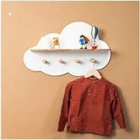 COZYCOLLECTIONS Kinderregal Wolken-Wandregal 2-in-1 mit 4 Haken, Weiß/Naturholz, 60 cm, Wandregal mit Hakenleiste / Garderobenregal (2-in-1), Montessori: Regal + Haken – Kind hängt selbst auf & räumt leichter auf