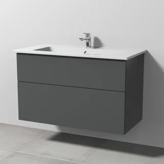 Sanipa 3way Keramik-Set Venticello Keramik-Waschtisch und Unterbau mit 2 Auszügen, Anthrazit-Matt SM32422