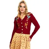 Voodoo Vixen Strickjacke Red Woodland Cardigan Retro Vintage Vögel Pilze Herbst