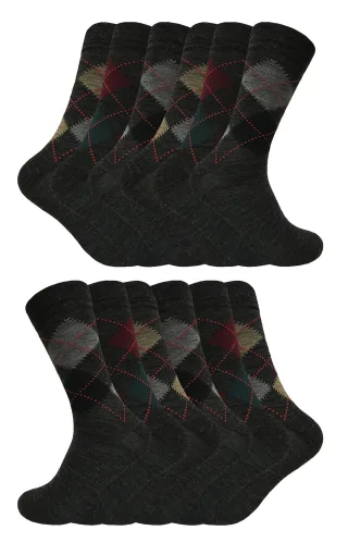 12 Paar Multipack Herren Lambswool Socken | Sock Snob | Dünne und weiche Honeycomb Top Argyle Patterned Socken - Grau