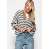 SASSYCLASSY Cardigan Gestreifter Cardigan mit 3/4-Ärmeln für Damen Cozy Cardigan mit Ballonärmeln und Knopfleiste Grau Pink Gelb