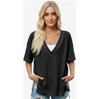 Imily Bela T-Shirt Damen Oversize mit tiefem V-Ausschnitt Cover-up Casual (Packung, 1-tlg., 1per-Pack) mit Seitenschlitzen Kontrastnähten