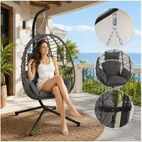 Makika Loungesessel Hängesessel mit Gestell Polyrattan Höhenverstellbar - 150 kg - Grau