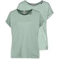 SUBLEVEL T-Shirt 2er Pack Herzknöpfe Umschlagärmel Labeldetails Streifen für Damen (2-tlg) Modal nachhaltig Normal Fit Rundhals Kurzarm Einfarbig