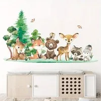 Montegoni Wandsticker Kinder Tier Wandaufkleber Dekoration 3176A (Wandtattoo mit Waldtieren für Kinderzimmer, Braunbär Hirsch Hase Tier mit Baum, Wandaufkleber), wasserdichte,abnehmbare