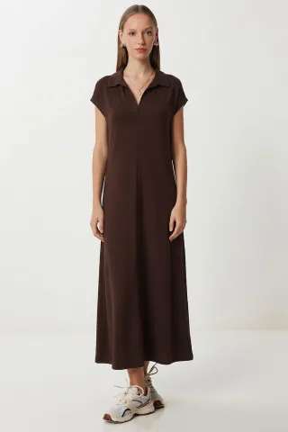 Polo-Kragen Pull-On Midi-Kleid mit Tasche