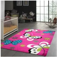 TeppichHome24 Kinderteppich Kinderteppich Schmetterling Design Pink Türkis Grau Grün Creme, rechteckig, Höhe: 13 mm