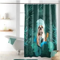 Sanixa Duschvorhang Duschvorhang Textil 200x180 witzig Hund grün wasserabweisend waschbar Breite 180 cm, Badewannenvorhang Vorhang hochwertige Qualität mit Ringen Metallösen