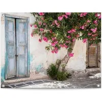 Reinders! Poster Greek Facade, Garten - Griechenland - Blumen - Tür - Rosa - Leinwand - 80x60 cm