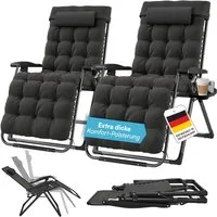 STEELSØN Gartenliege Lysira klappbarer Zero-Gravity-Stuhl, schwarz/schwarz, outdoor Liegestuhl, 2er-Set, mit atmungsaktiven Polsterauflagen, Sonnenliege mit Getränkehalter