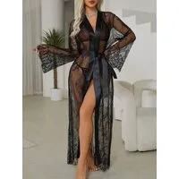 Elegant Love Kimono Langer Morgenmantel aus Spitze – Transparente Lingerie für Damen, Bindegürtel, Transparente Spitze, Ärmel in offenem Design, Bindeband, Elegante Nachtwäsche – Dessous-Kleid mit Spitzenmuster