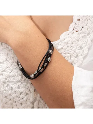 Zeeme Stainless Steel Armband Leder schwarz mit Stahlkugeln 19,5+2cm lang