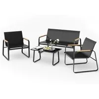 Mondeer Balkonset Gartenmöbel Set 4-tlg, (1 Tisch mit 1 Doppelstuhl 2 Einzelstühlen), Mesh-Gewebe & Holz-Kunststoff-Armlehnen, Schwarz