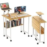 JEOBEST Schreibtisch Kleiner klappbarer Computertisch mit Regal und Rollen, (1-St. Tisch mit erhöhter Monitorablage) Faltbarer Bürotisch